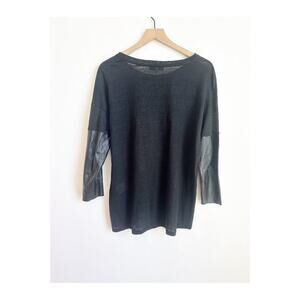 SANDRO Black Linen Shirt Leather Sleeve - Size Medium
